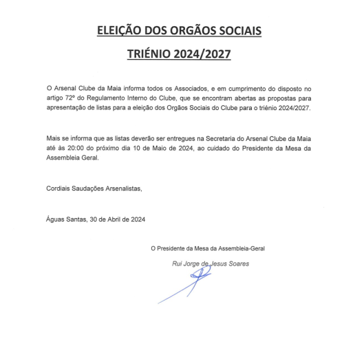 Apresentação de listas para os Órgãos Sociais do Triénio 2024/2027